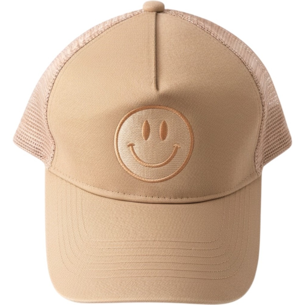 Cotton Honey Boutique Smiley Face Trucker Hat Womens OS Tan Good Mesh Snapback